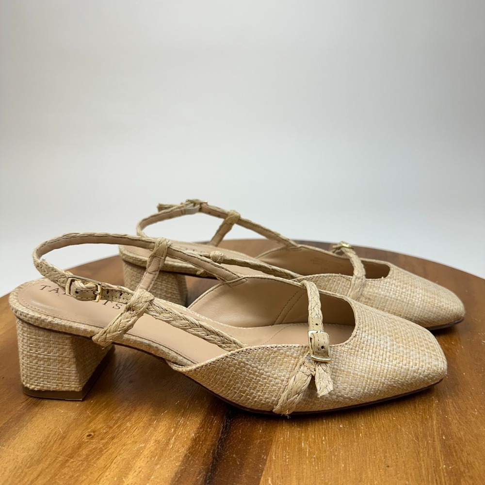 New Womens Talbots Irene Neutral Raffia Block Sling Back Heels Sandals Size 7 M